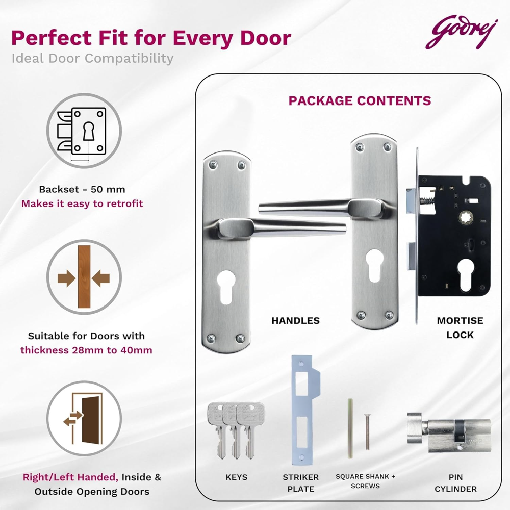 Godrej Mortise Lock I Handle Set 1CK EM01 I Satin Steel Finish I 6-Lever Lock I Double Throw I 5